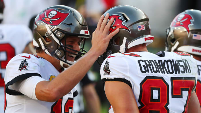 Tom Brady and Rob Gronkowski celebrate after a touchdown